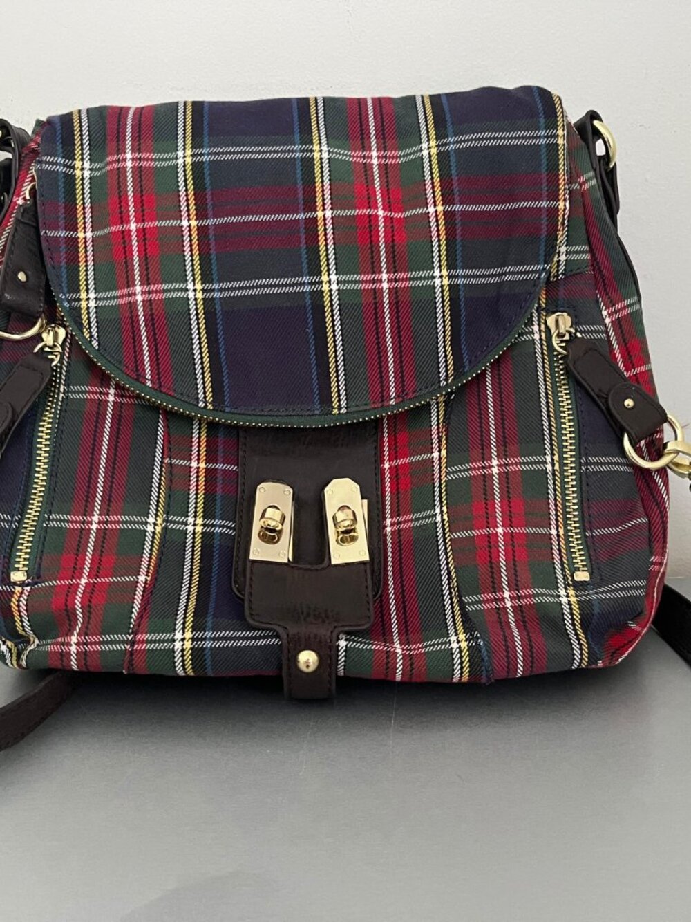 Jessica Simpson Red Green Plaid Convertible Shoulder Bag Backpack Gold Hardware